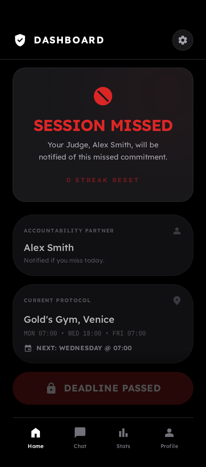 OATH Dashboard showing a missed session notification with accountability partner and gym protocol details