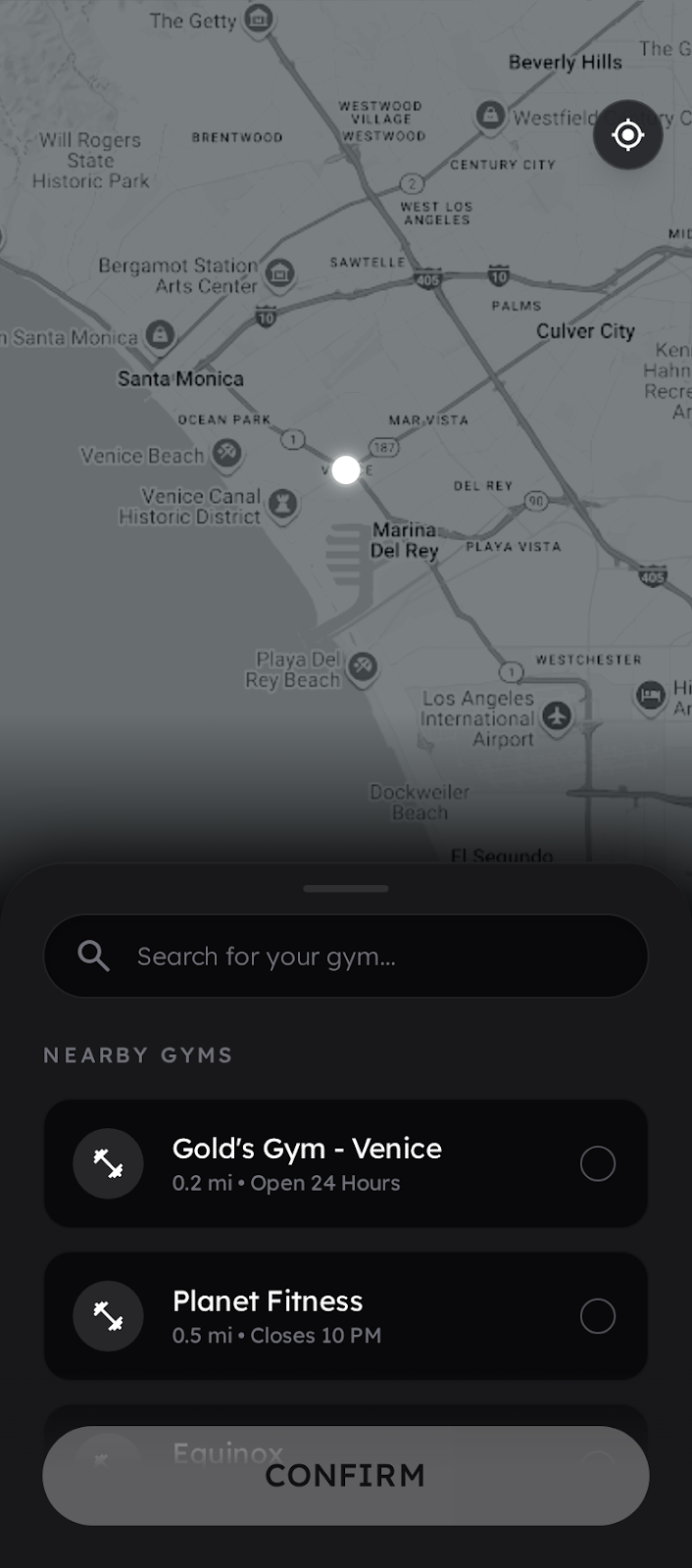 OATH Gym selection screen with map and nearby gym search for GPS-verified check-ins