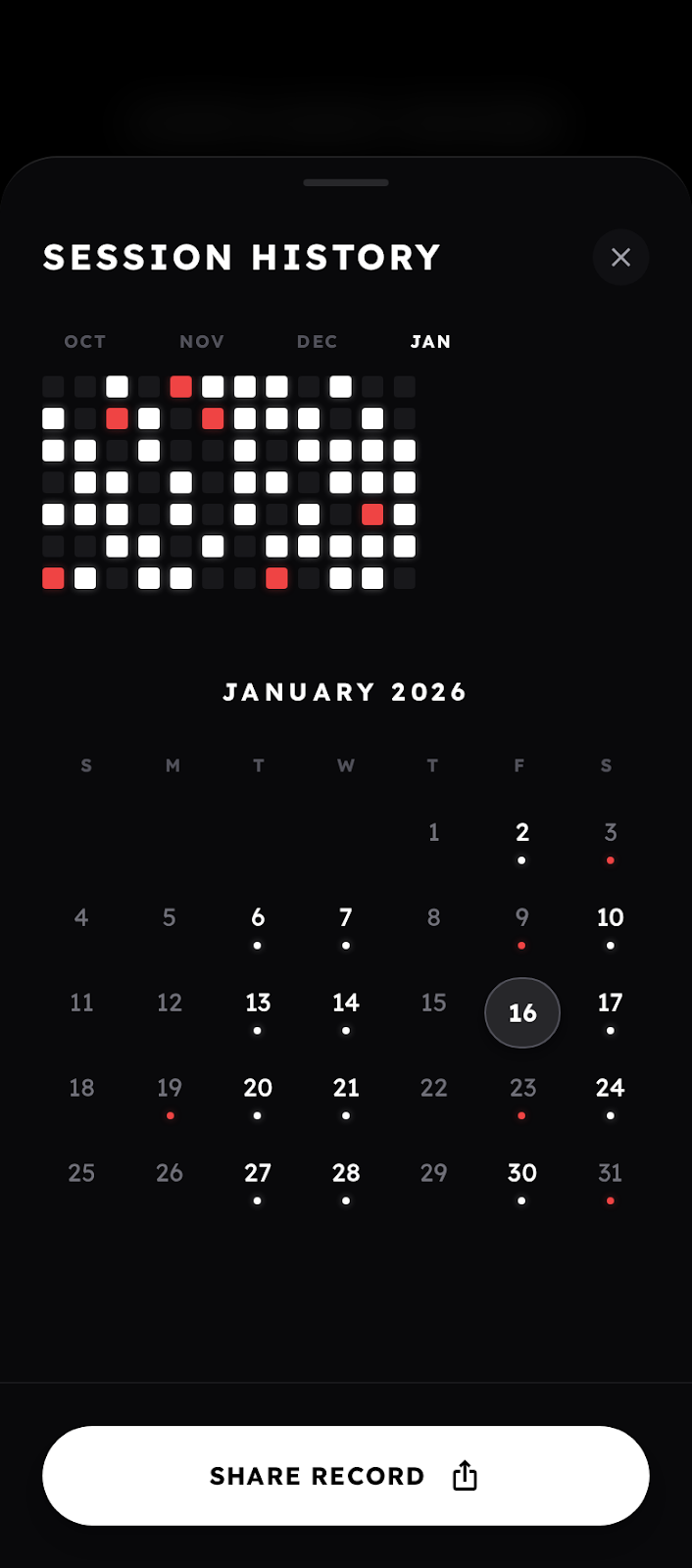 OATH Session History showing workout tracking calendar with contribution grid