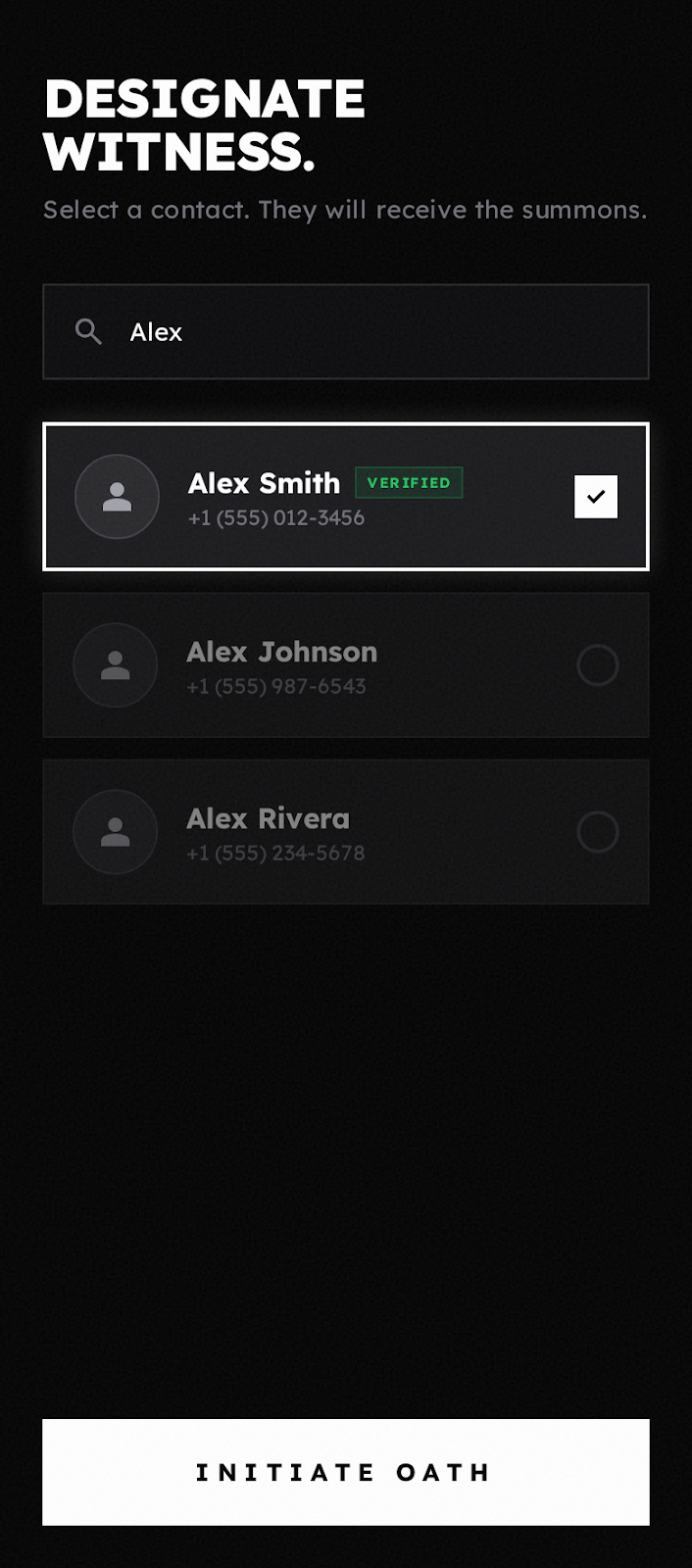 OATH Designate Witness screen showing contact selection to choose an accountability partner